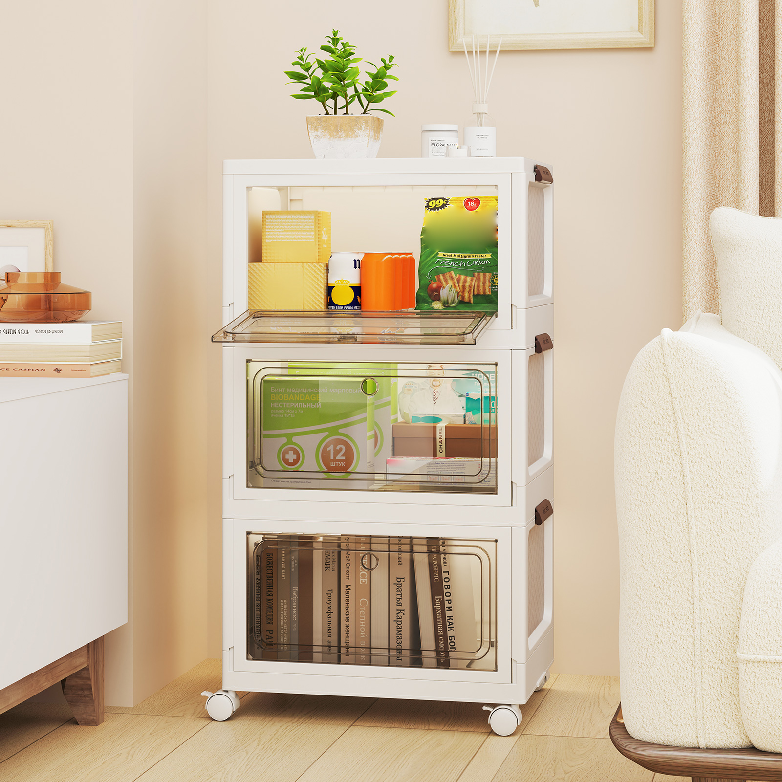 Aufbewahrungsbox mit Deckel faltbar Boxen Aufbewahrung 3er Set Kunststoffbox stapelbar Weiß (105 L)