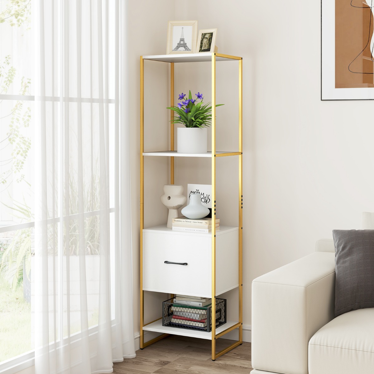 5-stöckiges Bücherregal mit Schublade & Metallrahmen Bücherschrank Modern Standregal Weiß