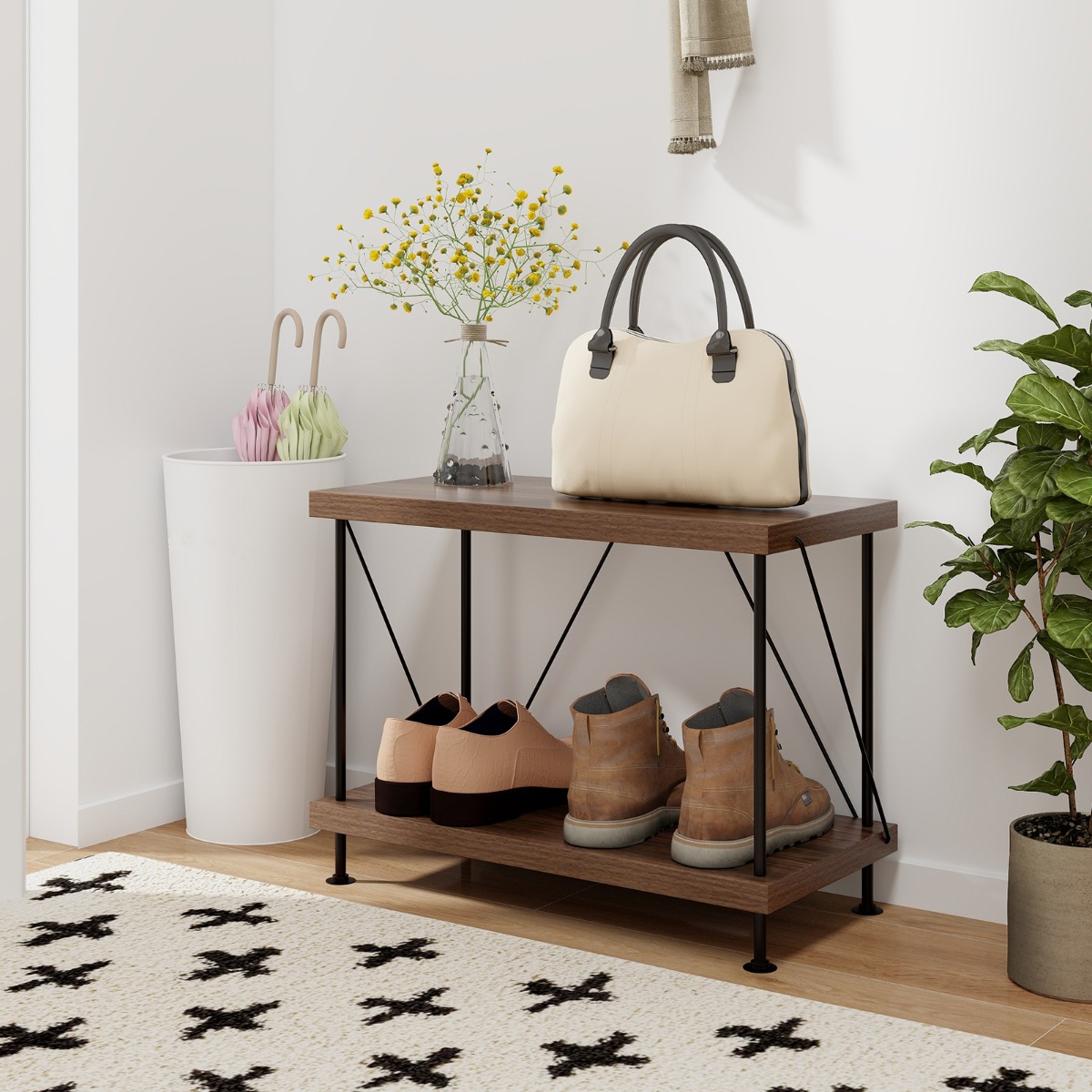 2 Ebenen Standregal mit Metallrahmen Industrielles Bücherregal Lagerregal 60 x 29,5 x 45 cm