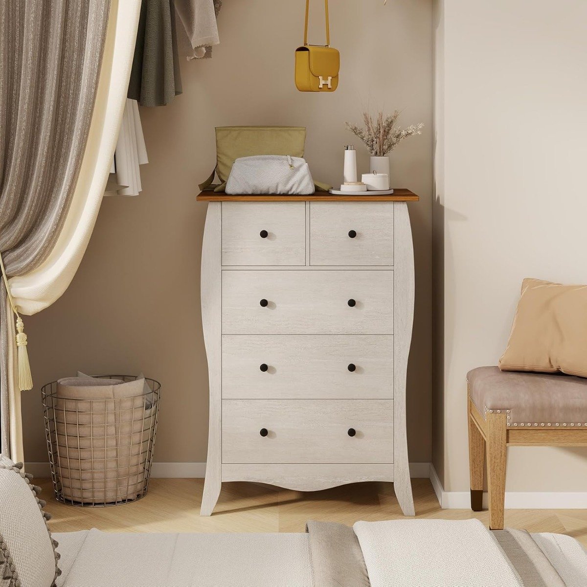 Kommode mit 5 Klappbaren Stoffschubladen Sideboard im Landhausstil Schubladenschrank Grau