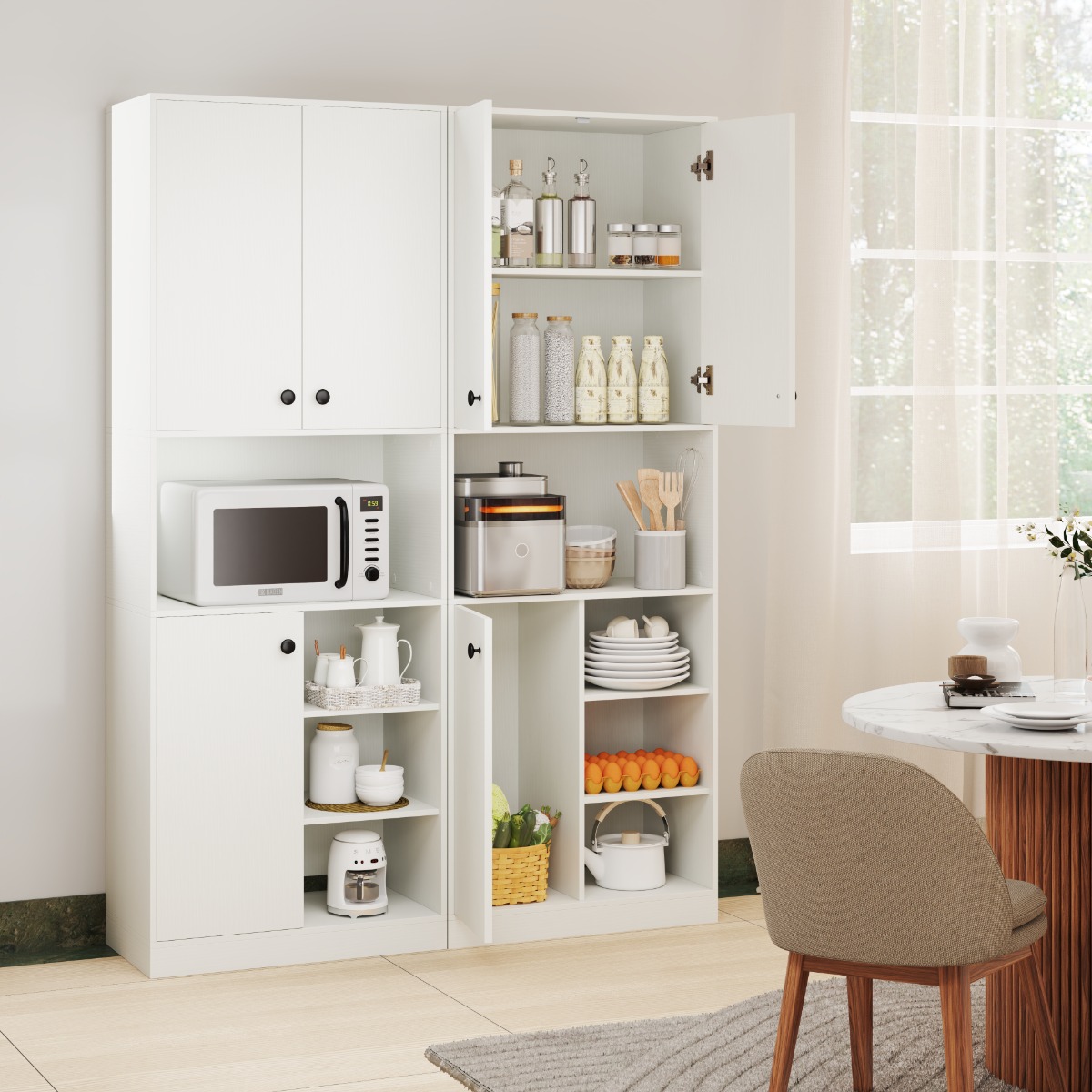 Küchenschrank mit 3 Türen & Offenen Regalen Buffetschrank mit Arbeitsplatte Hochschrank Weiß