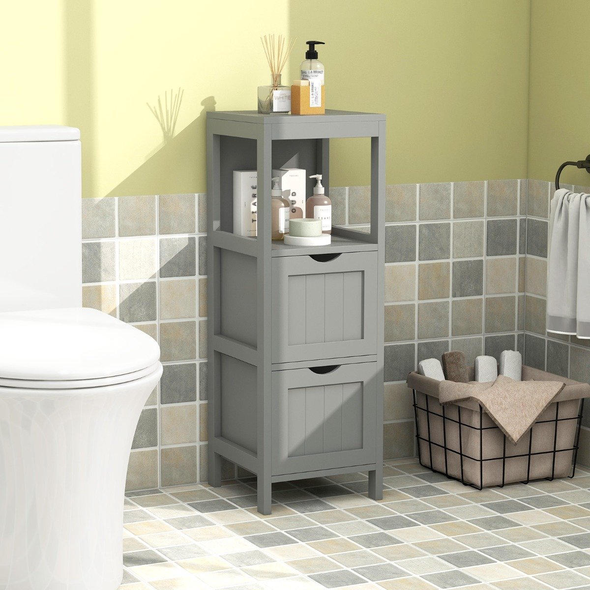 Schmaler Badezimmerschrank mit 2 Schubladen & Offenen Regal Badschrank Lagerschrank Grau