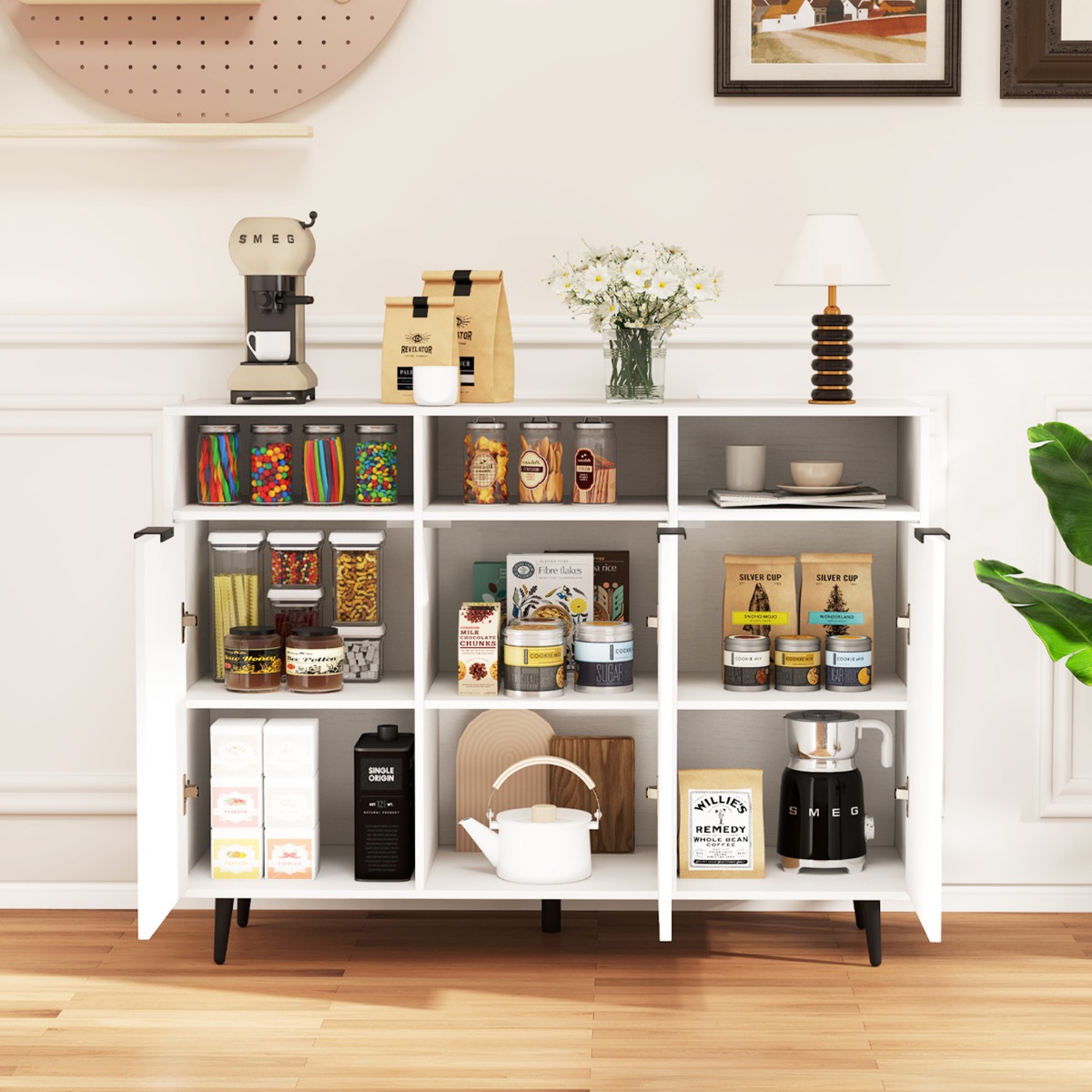 Sideboard Holz Küchenschrank mit 5-Fach verstellbaren Regalen 120 x 40 x 90 cm Weiß