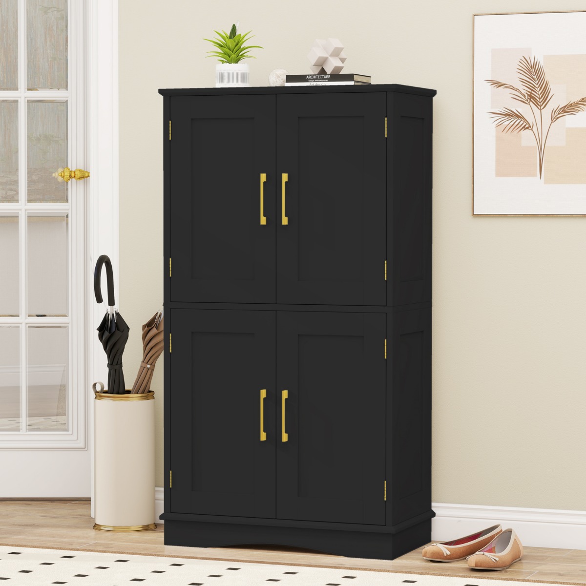 Küchenschrank aus Holz Vorratsschrank Küche Buffetschrank mit 4 Türen & 2 verstellbaren Regalen Schwarz