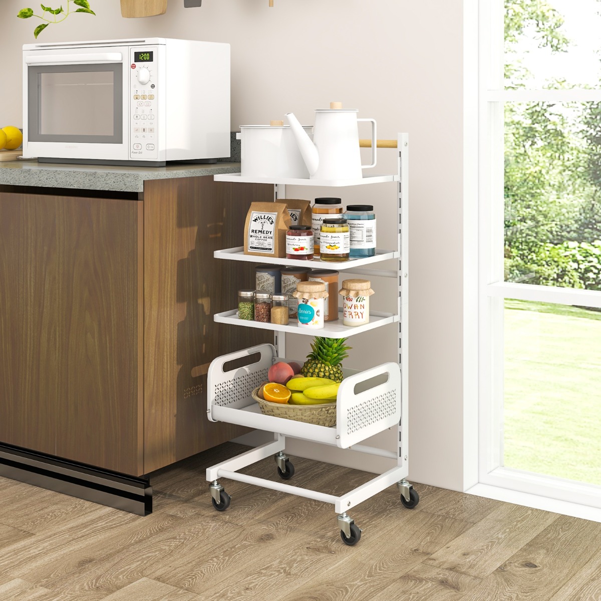 4 Ebenen Rollwagen mit Verstellbaren Regalen & Griff Servierwagen Küchenwagen Weiß