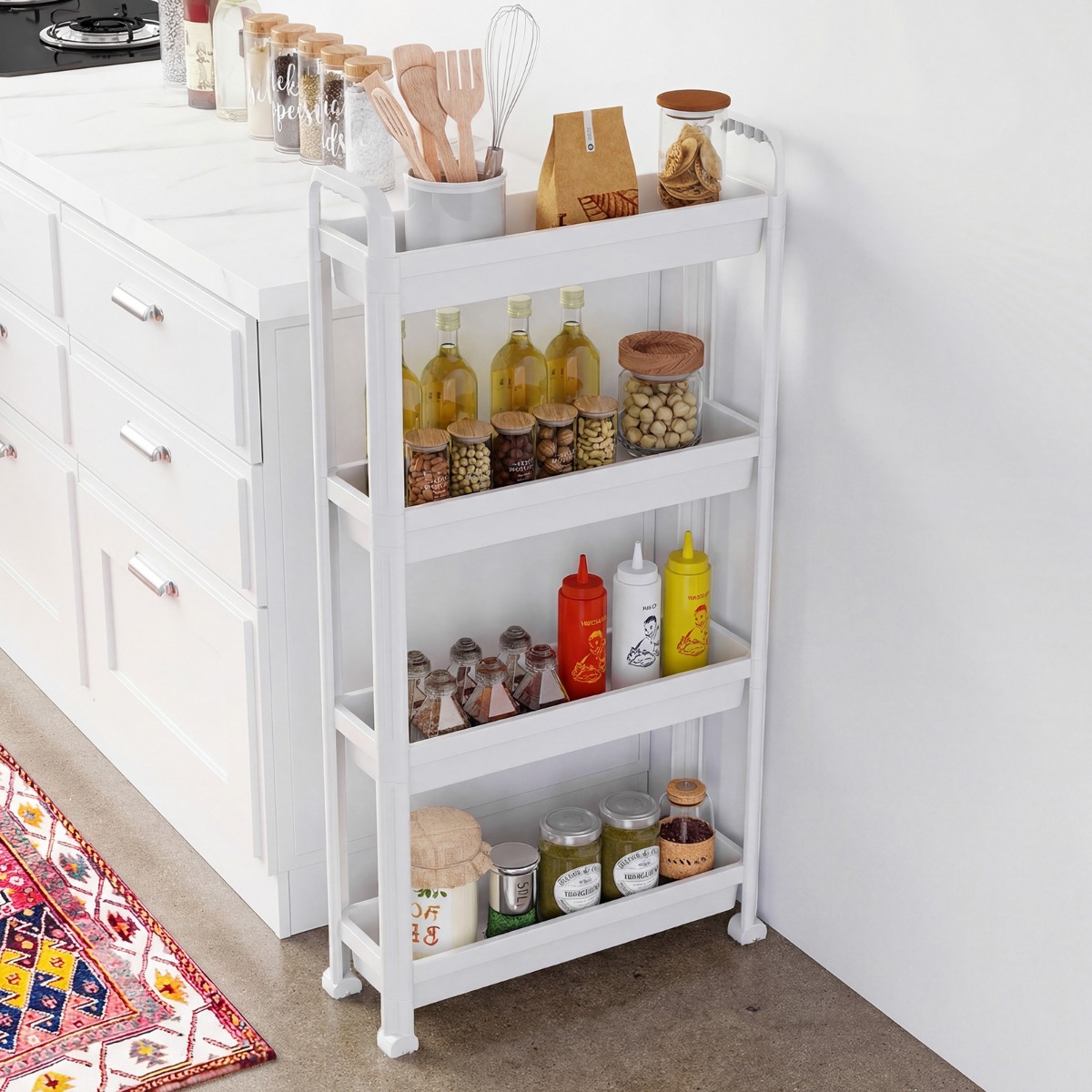 4 Ebenen Schmaler Küchenwagen auf Rollen mit Griffen Nischenregal Bad Rollwagen Weiß