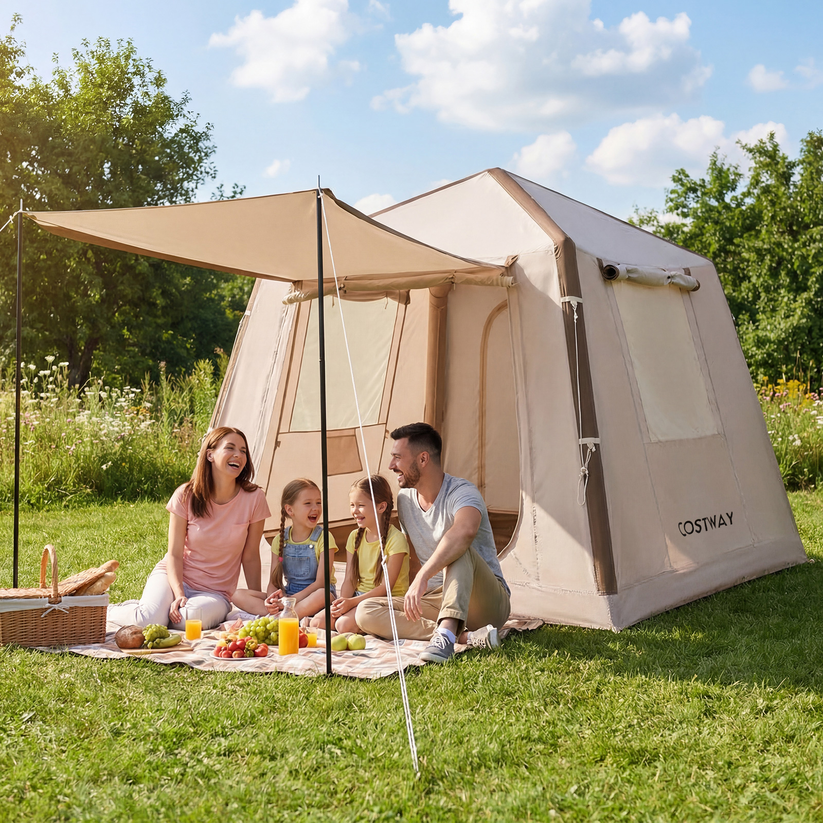 Aufblasbares Campingzelt für 2-4 Personen Luftzelt mit Moskitonetzfenstern Familienzelt mit Pumpe & Tragetasche