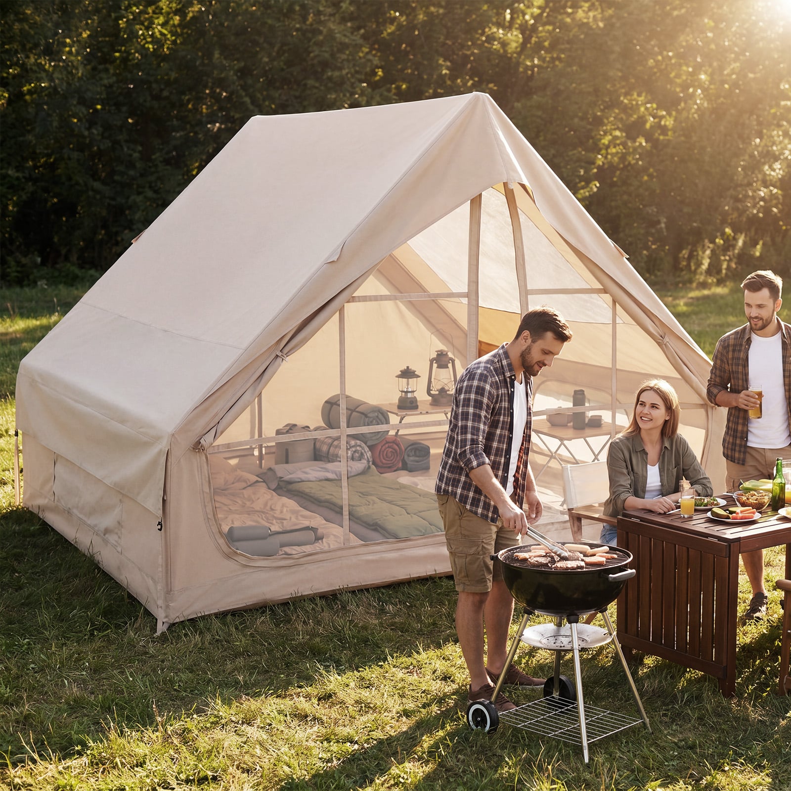 Aufblasbares Zelt für 4 Personen Campingzelt mit 2 Türen Mesh-Fenstern & Dachfenster