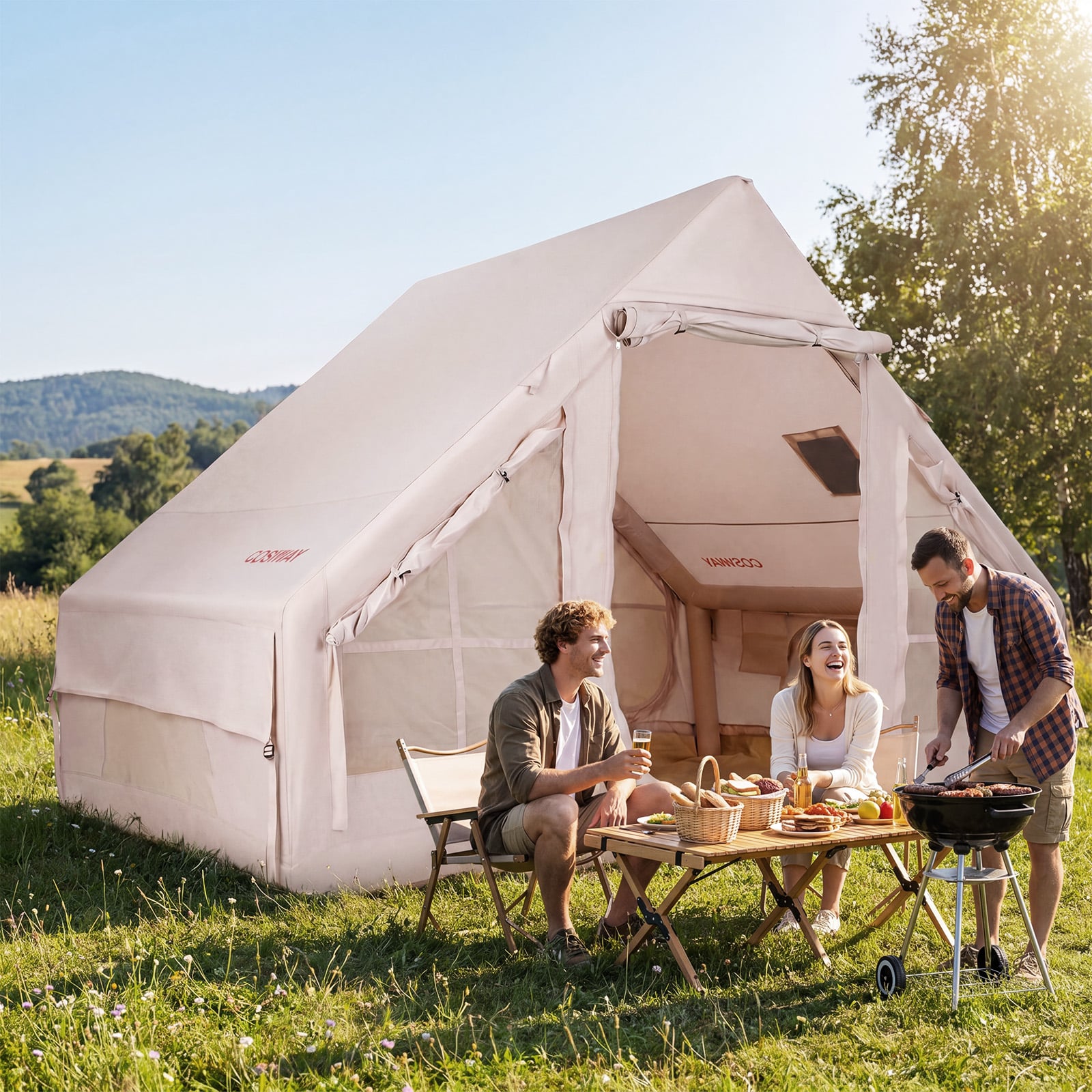 Aufblasbares Zelt mit Luftpumpe für 4 Personen Campingzelt mit 2 Türen Mesh-Fenstern & Kaminöffnung