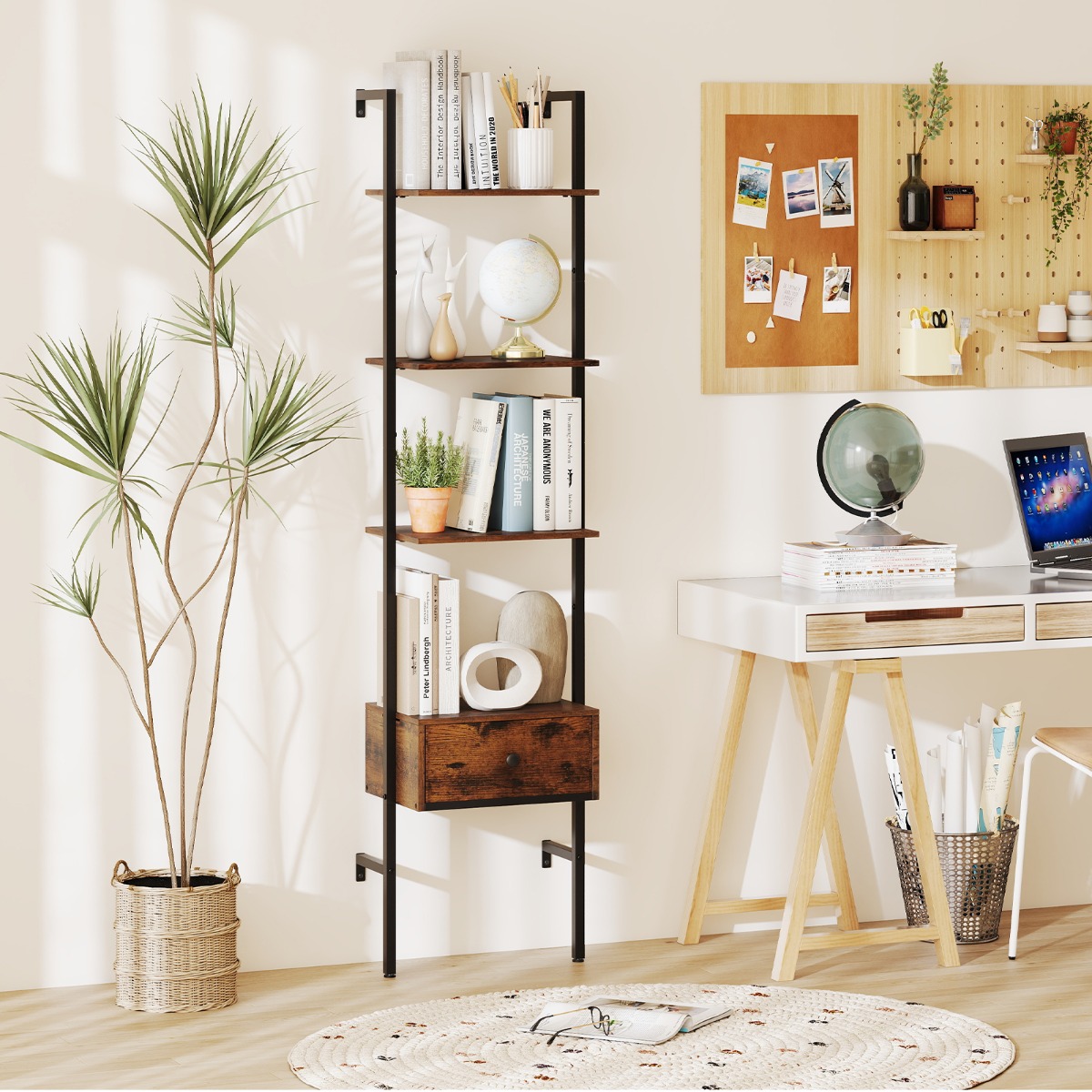 5-stufiges Leiterregal mit Schublade & Metallrahmen Wandmontiertes Bücherregal Braun