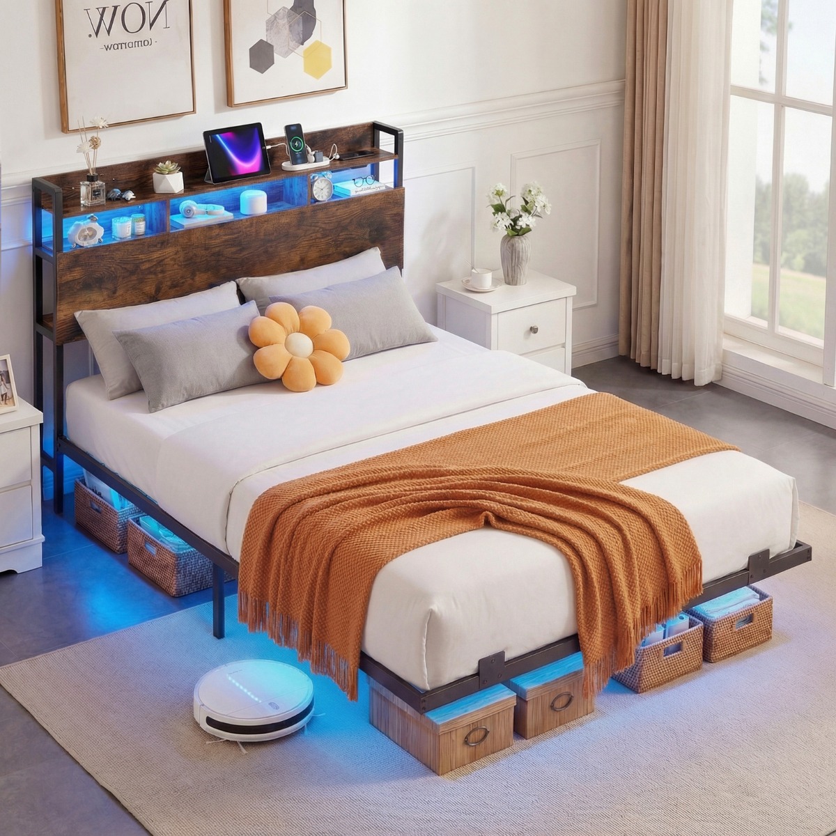 Bett mit Ladestation & LED-Beleuchtung Kopfteil mit Stauraum Bettgestell mit Lattenrost Doppelbett