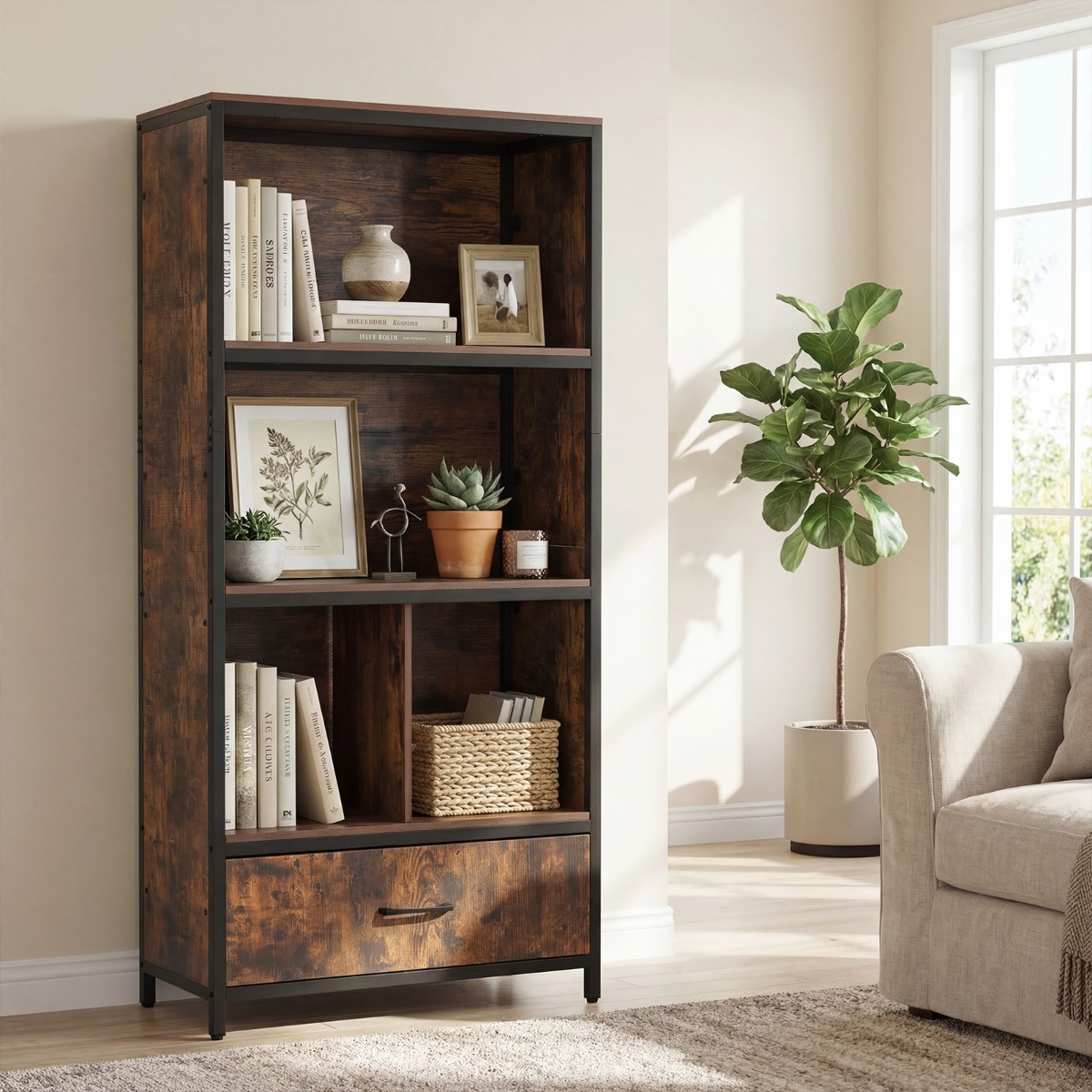 4-stöckiges Bücherregal mit Offenen Fächern & StoffSchublade Standregal Bücherschrank Braun