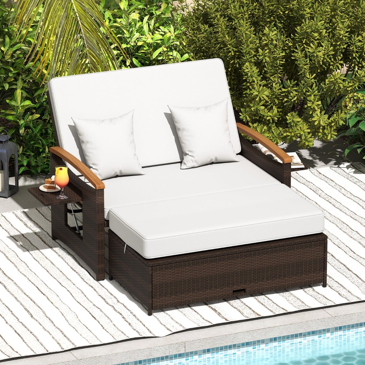3 in 1 Rattan Lounge Möbel Set Doppelliege Tagesbett Gartensofa Sofa 2 Sitzer mit Hocker Weiß