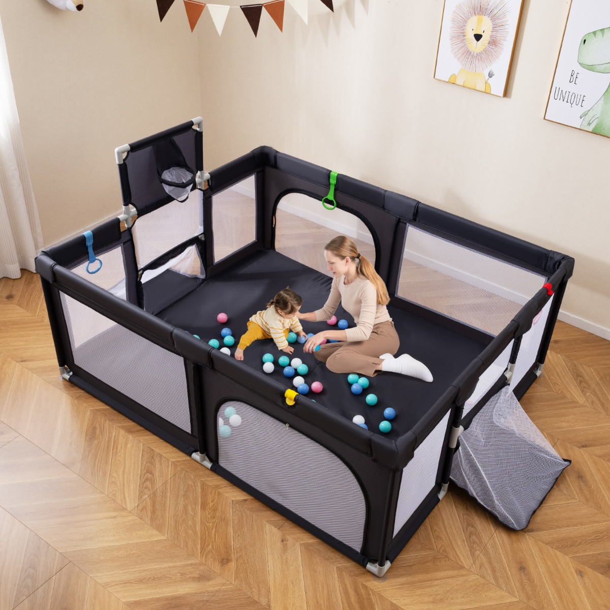 188 x 157 cm Baby Laufstall mit Basketballkorb Fußballtor faltbarem Kleinkind-Laufgitter mit Reißverschlusstür Dunkelgrau