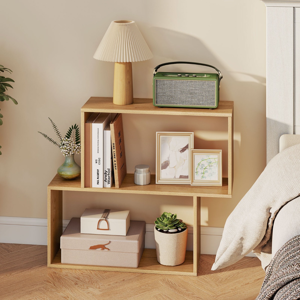 3-stöckiges geometrisches Bücherregal freistehendes Holzregal mit 2 würfelförmigen Fächern Natur