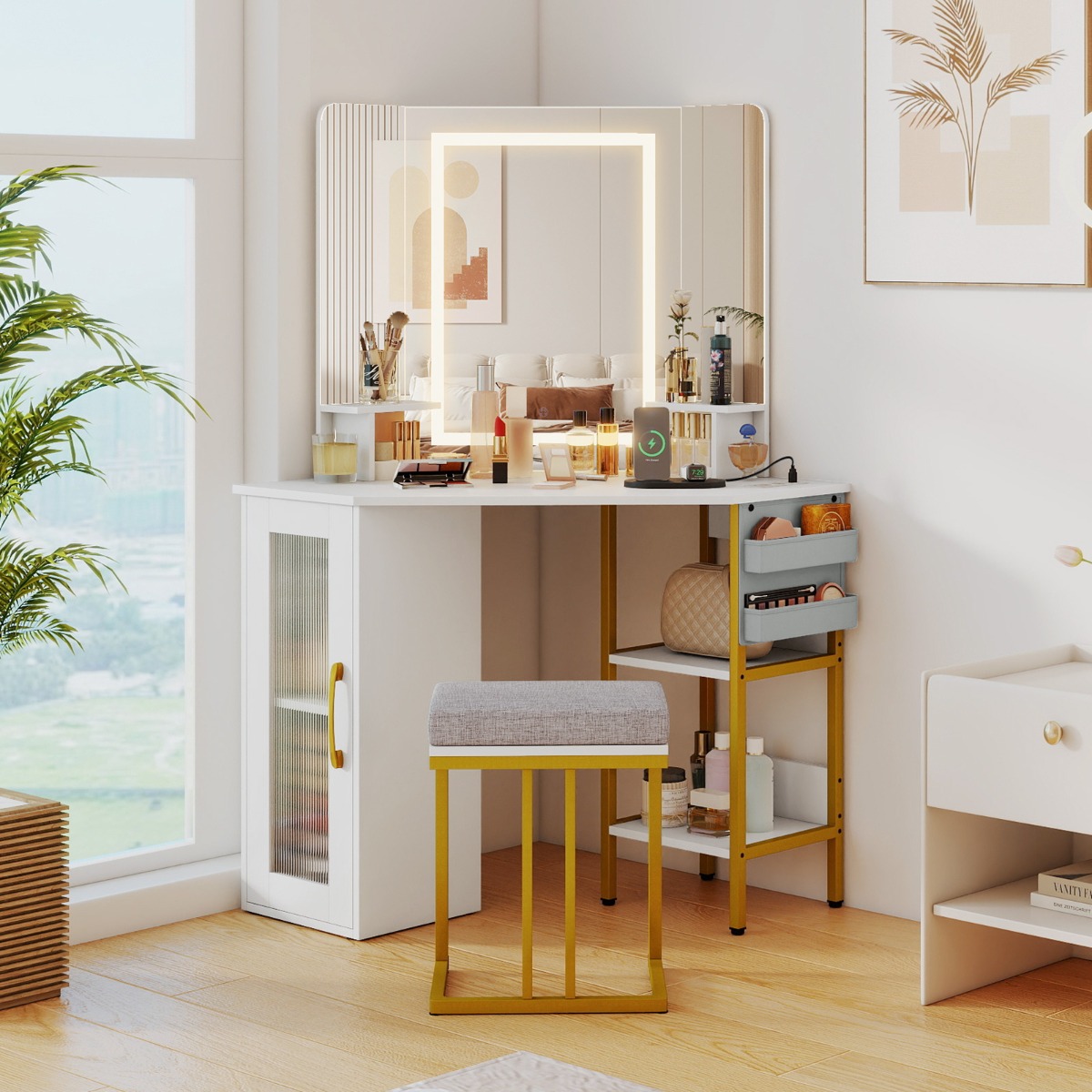 Eck Schminktisch mit Hocker & LED Beleuchtung & Ladestation Eck-Frisiertisch Kosmetiktisch