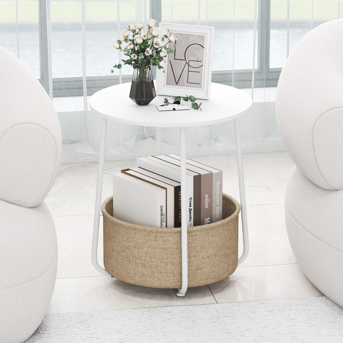 Rund Beistelltisch mit Aufbewahrungskorb Klein Sofatisch Modern Couchtisch Nachttisch Weiß