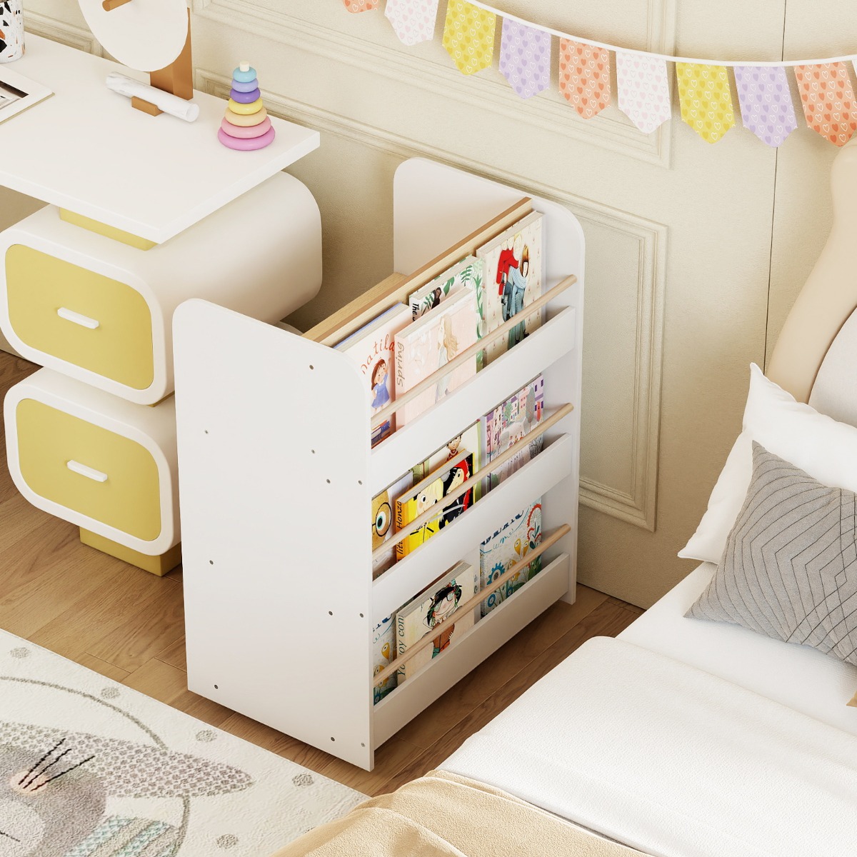 3-stöckiges Kinderbücherregal mit Rollen doppelseitige Buchanzeige & Aufbewahrungswagen Weiß