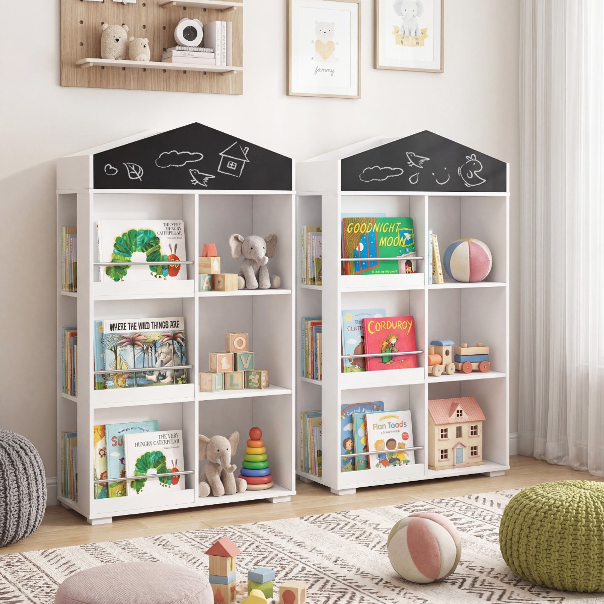 Kinder Bücherregal in Hausform mit Tafel & 13 Fächern Kinderregal Montessori Spielzeugrregal Weiß