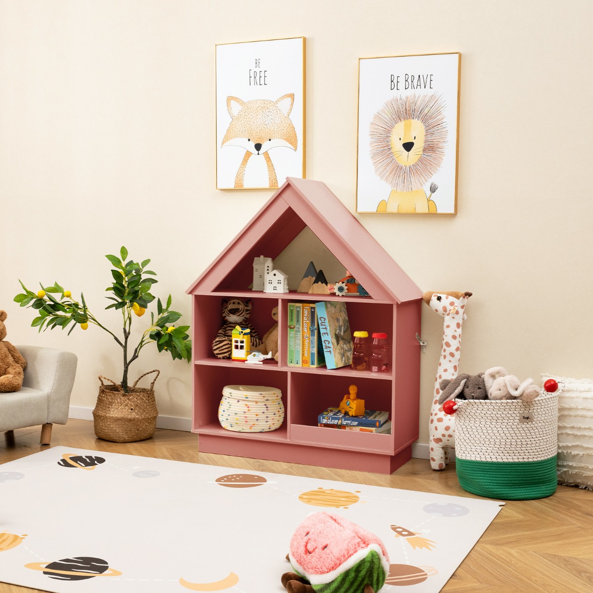 Kinder Bücherregal in Hausform Kinderregal aus Holz mit 5 Fächern 88 x 34 x 108 cm Rosa