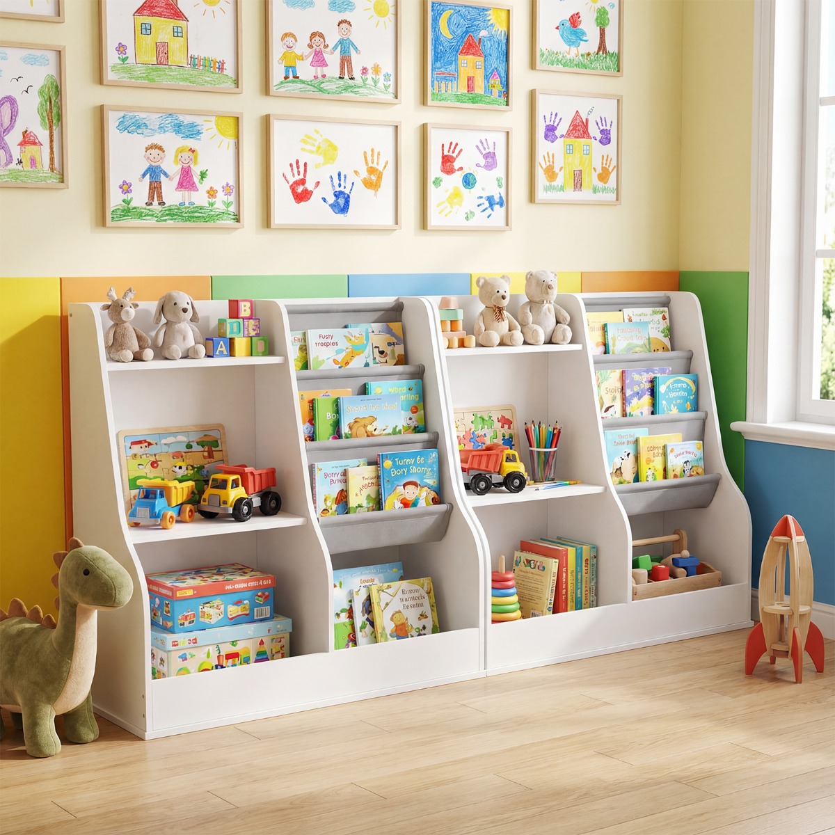 Kinder-Bücherregal hölzerner Spielzeug-Aufbewahrungsorganisator mit 3 Ebenen Stofftaschen Weiß