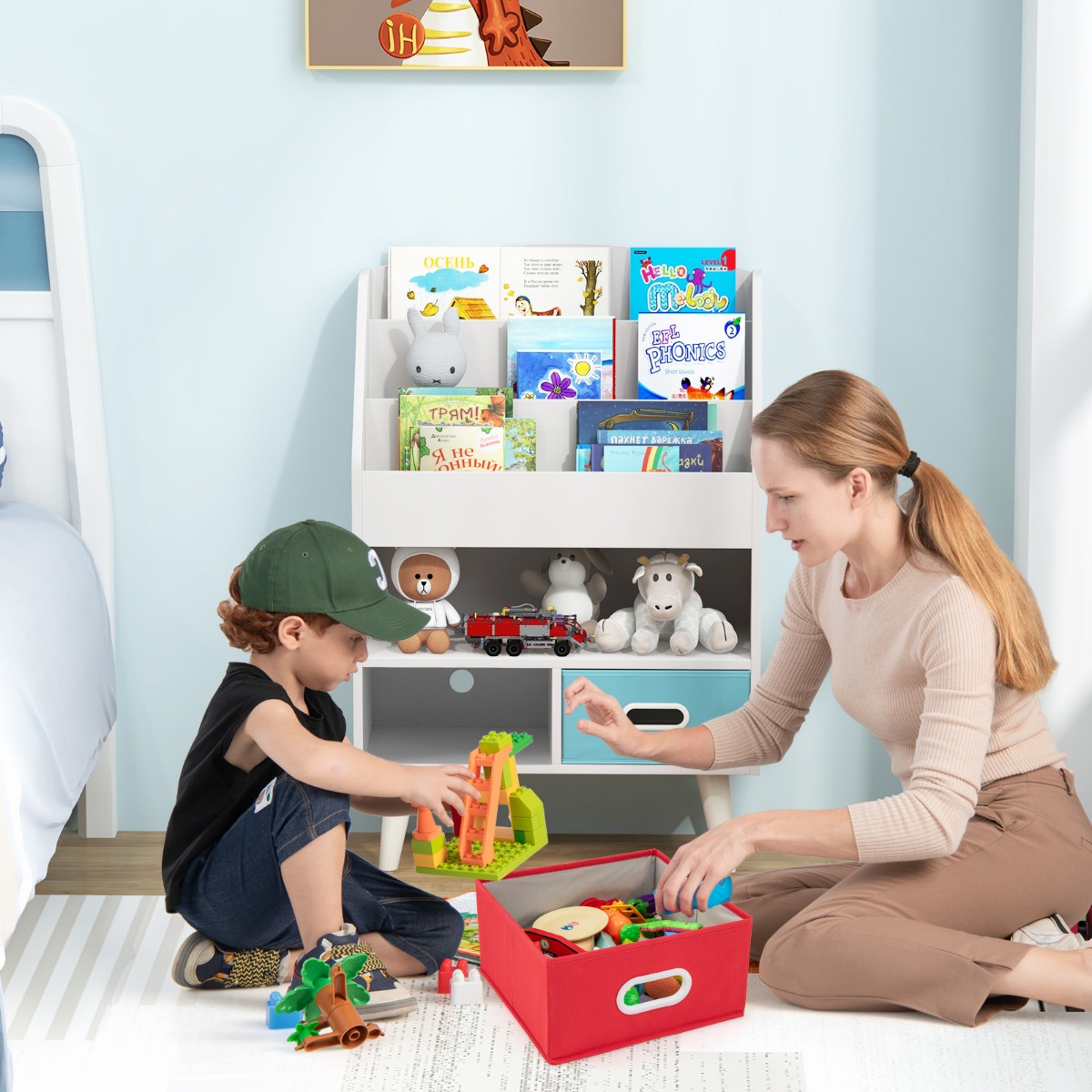 Bücherregal Kinder Kinderregal mit 3 Ablagen & offenem Fach & 2 Stoffschubladen Weiß