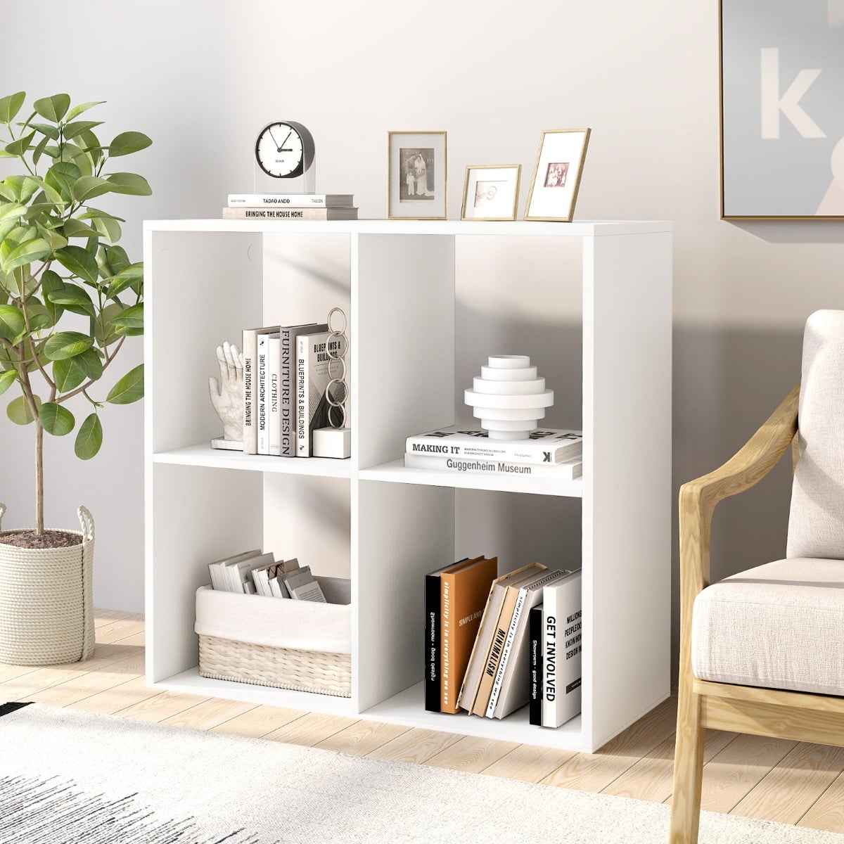 Bücherregal mit 4 Fächern Würfelregal Standregal offenes Regal modern Weiß