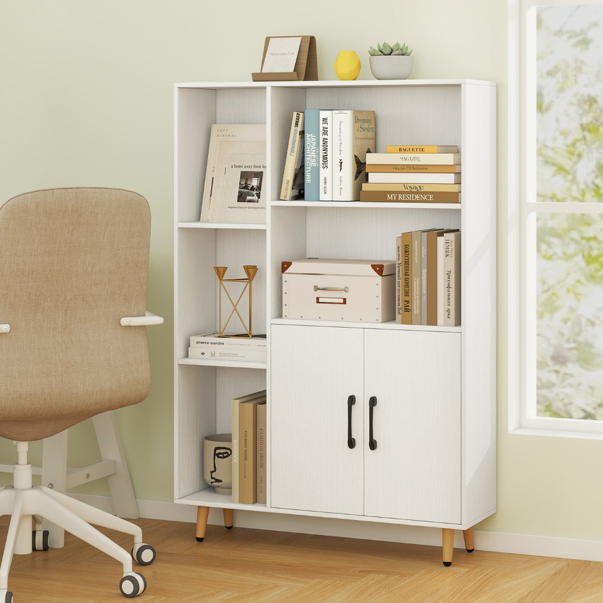 Bücherschrank Weiß Bücherregal mit Türen und offenes Fächern 80 x 23,5 x 119 cm