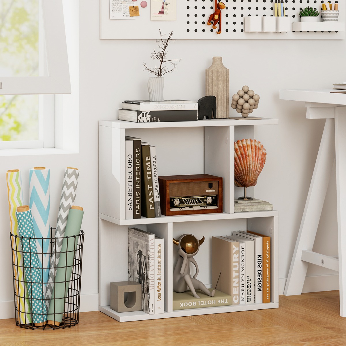 Bücherregal mit 4 Fächern Beistelltisch Couch Nachttisch Sofatisch Raumteiler Holz 50 x 17,5 x 55,5 cm Weiß