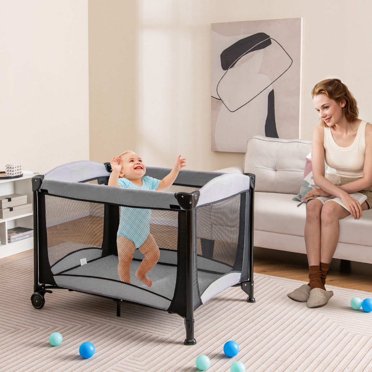 Tragbares 5-in-1-Babybett mit Reisebett & Wiege & Laufstall & Wickeltisch Schwarz + Grau