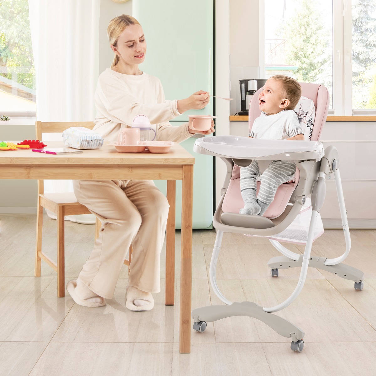 Klappbarer Hochstuhl mit Rädern & Verstellbarer Höhe & Fußstütze & Rückenlehne Babysitz Rosa