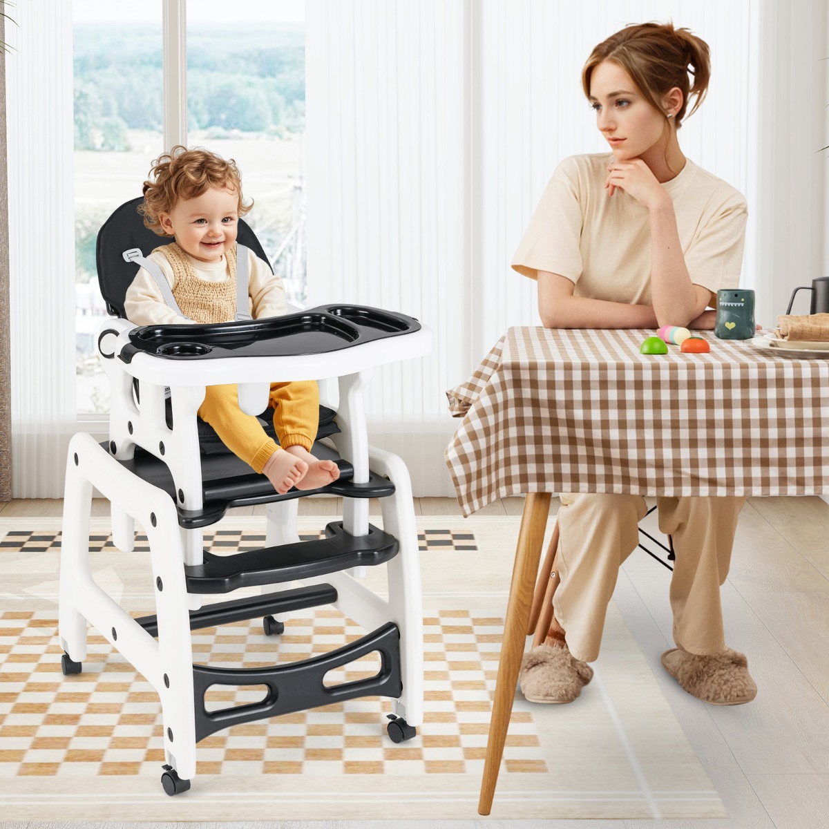 3 in 1 Babystuhl Hochstuhl & Essstuhl & Kindersitzgruppe wandelbarer Babyhochstuhl Schwarz