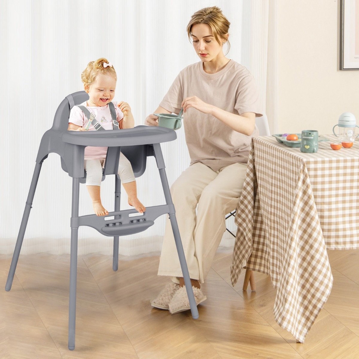 4 in 1 Hochstuhl Baby Kinderhochstuhl mit abnehmbaren Tablett Babyhochstuhl Grau