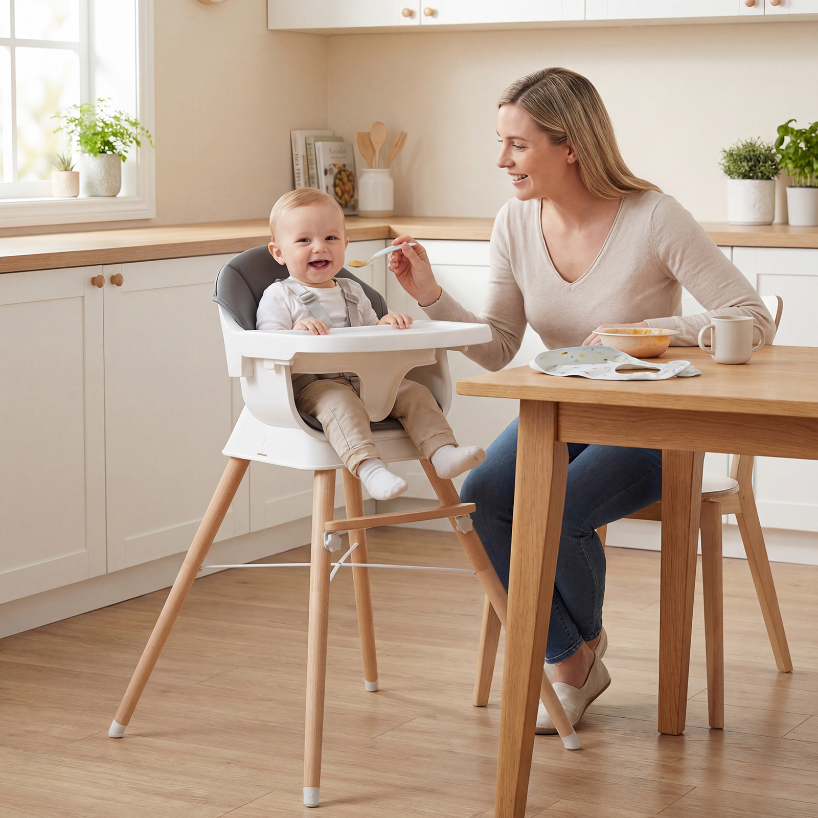8 in 1 Baby Hochstuhl mit PU Kissen & 5 Punkt Gurt & Fußstütze & Abnehmbare Tablett Babystuhl