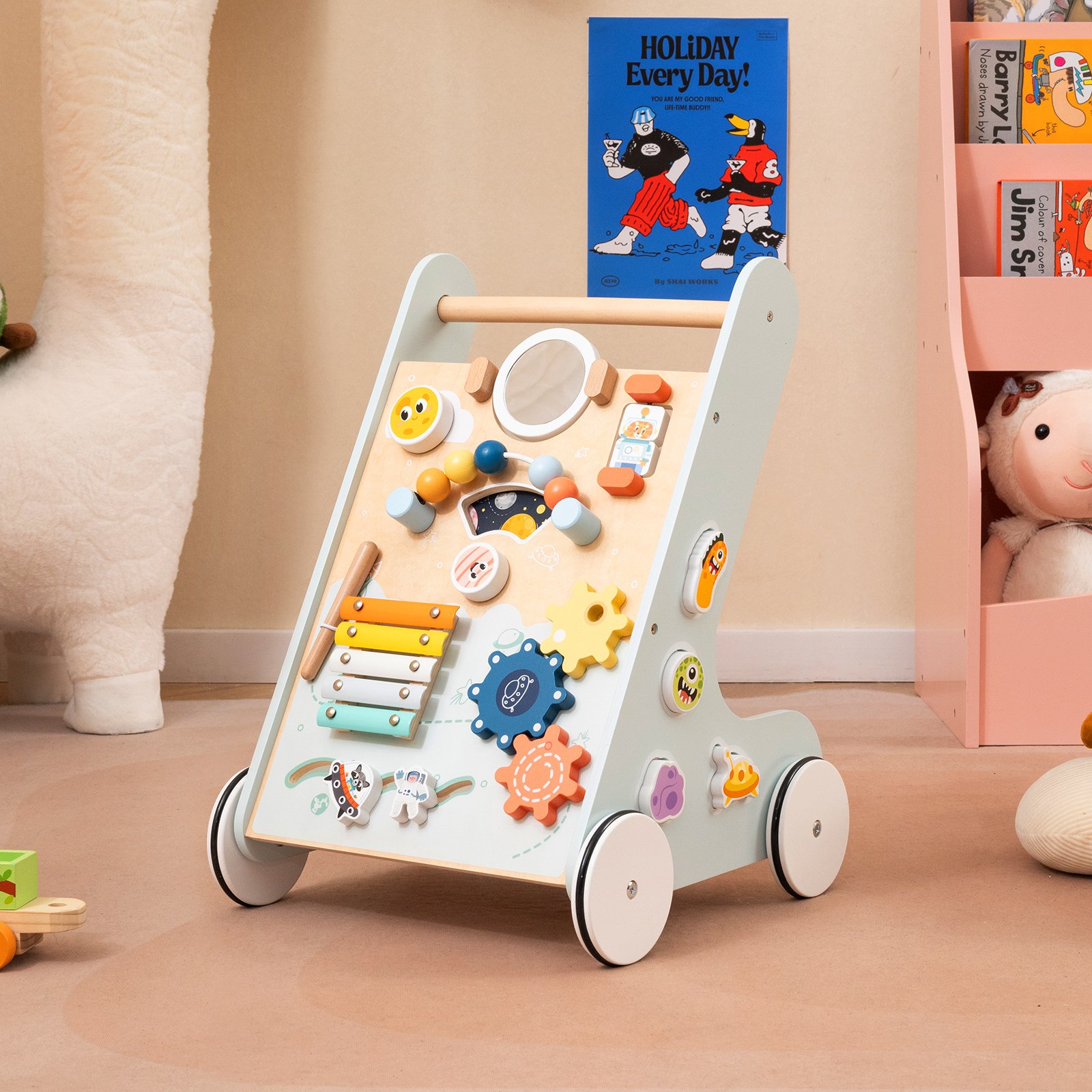 Baby Lauflernhilfe zum Schieben & Ziehen Holz Lauflernwagen Laufspielzeug mit Rädern Grün