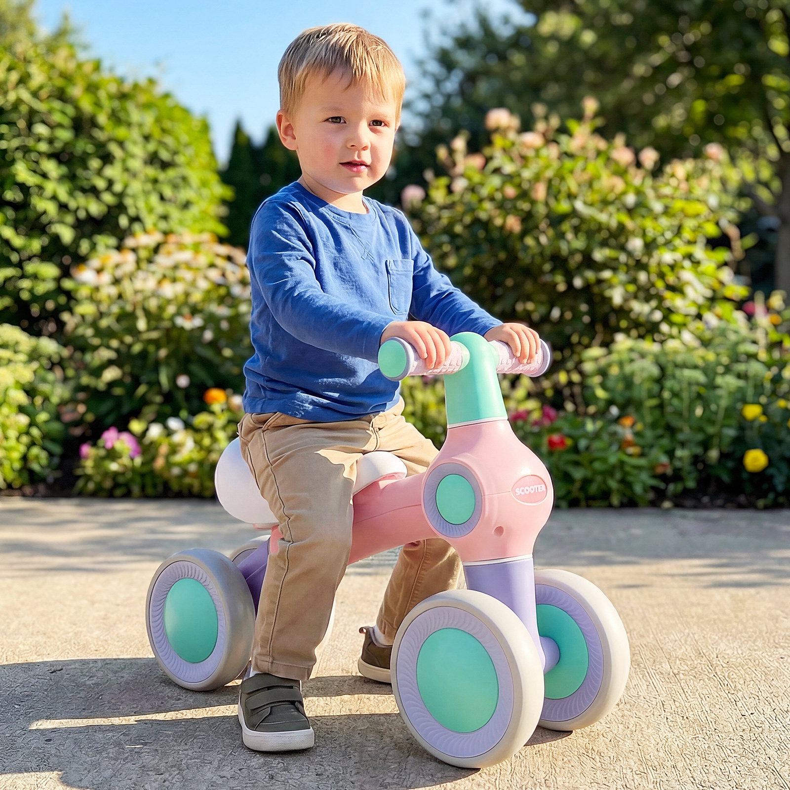 Baby Laufrad mit Verstellbarem Weichem Sitz & 4 Geräuschlose Räder ohne Pedale Rosa