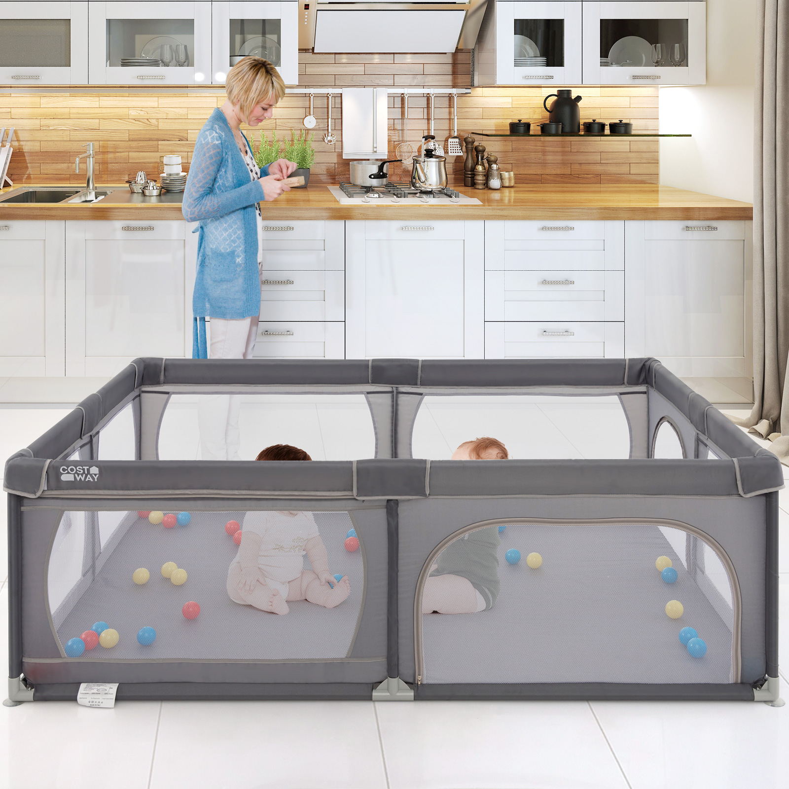 Laufgitter Baby Laufstall mit 50 Bällen & 2 Türen & Atmungsaktivem Netz Laufgitterzelt 205 x 147 cm Dunkelgrau