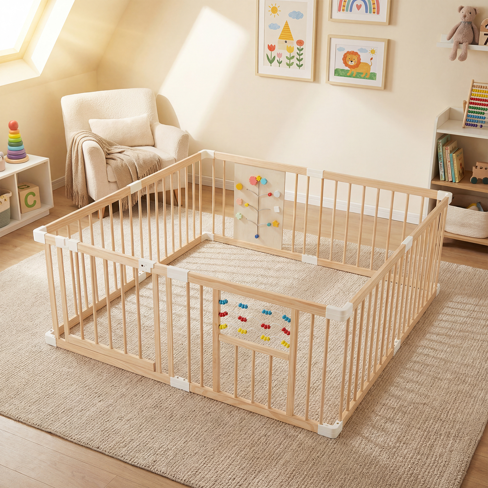 Baby Laufstall aus Kiefernholz inkl. 8 Paneele Faltbarer Laufgitter mit Tür Krabbelgitter 160 x 160 cm
