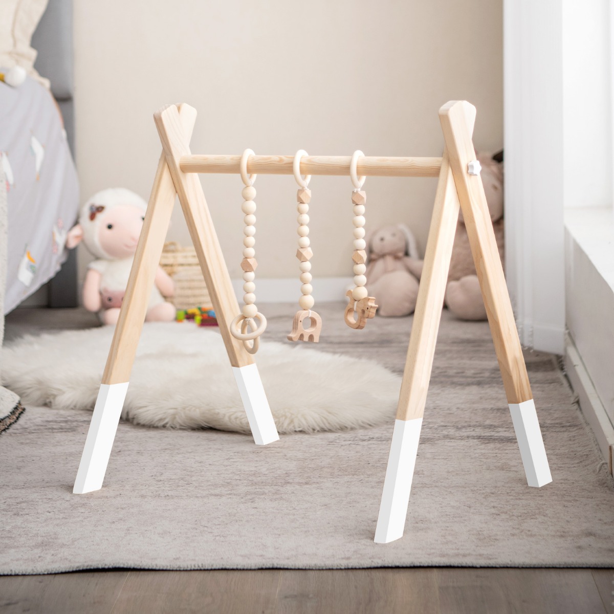 Baby Spielbogen Holz Spieltrapez Klappbar Baby Gym 60 x 44 x 60 cm Weiß