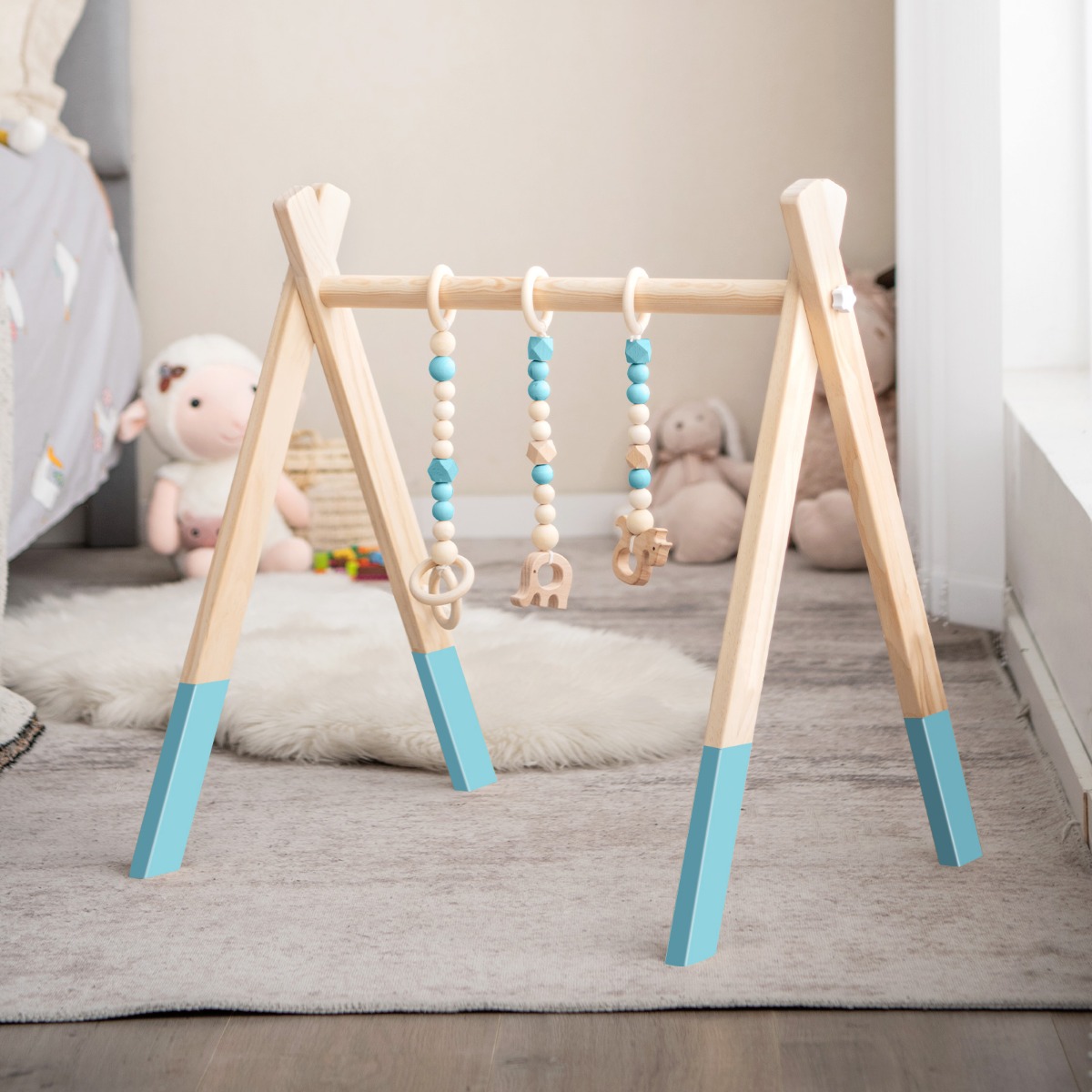 Baby Gym Babyspielgerät Spieltrapez Spielbogen Holzspielzeug Aktivitätszentrum mit 3 Kinderspielzeugen-Grün