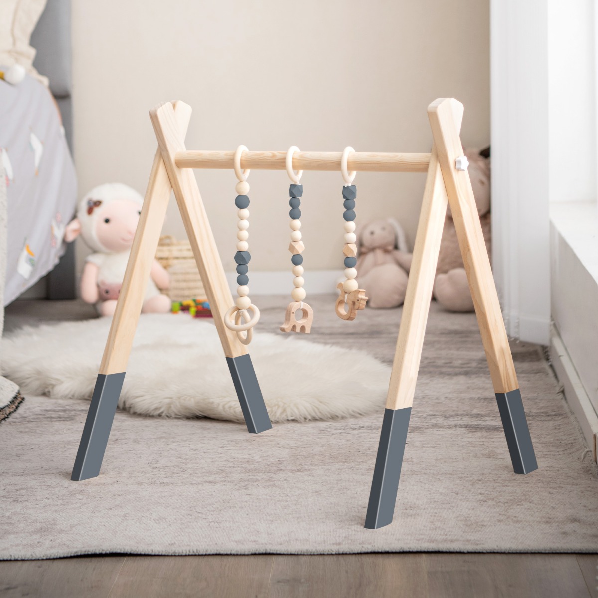 Baby Gym Babyspielgerät Spieltrapez Spielbogen Holzspielzeug Aktivitätszentrum mit 3 Kinderspielzeugen-Grau