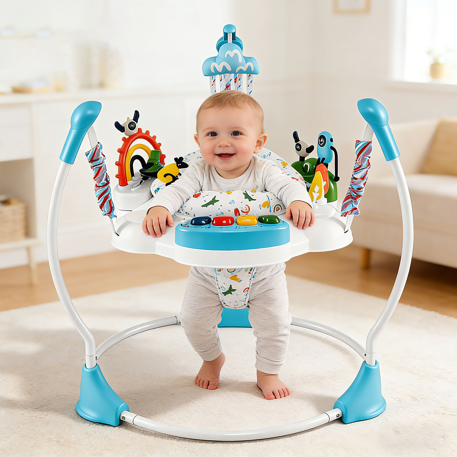 Baby-Wippe & -Springer mit 6 Interaktiven Spielzeugen & Lichtern & Musik Blau