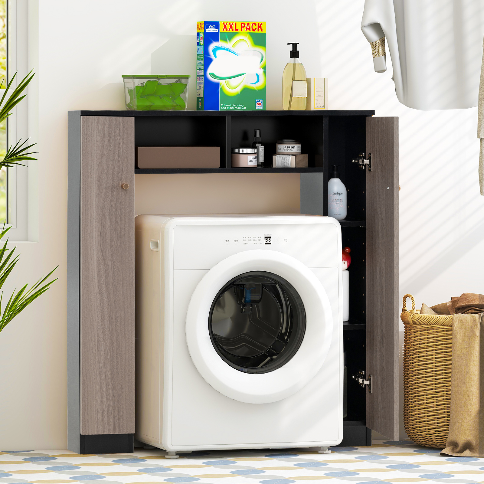 Badezimmerregal für über der Toilette doppeltüriger WC-Schrank mit 2 offenen Fächern Schwarz