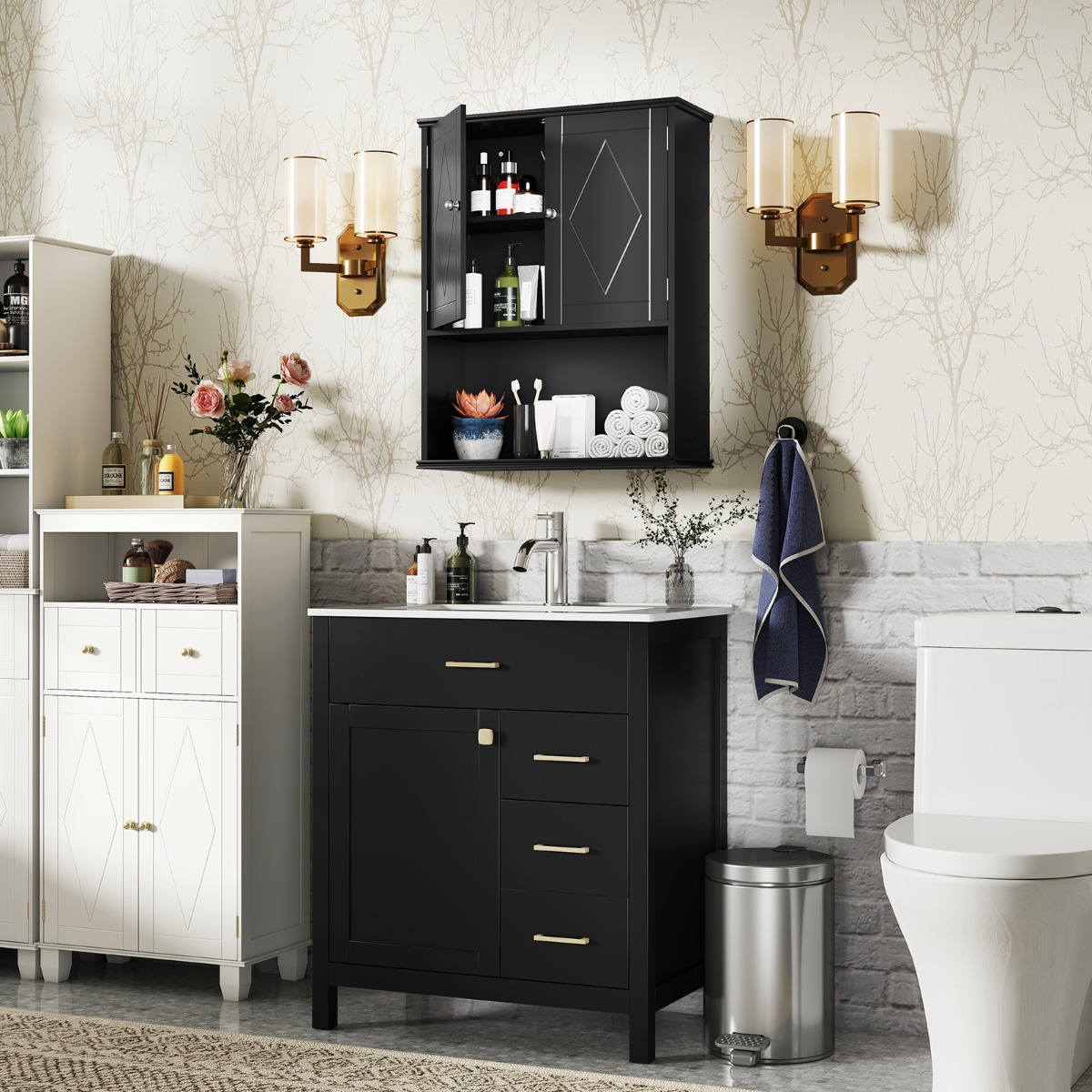 Bad Hängeschrank mit 2Türen & Offener Ablage & Verstellbarem Regal Badschrank Schwarz