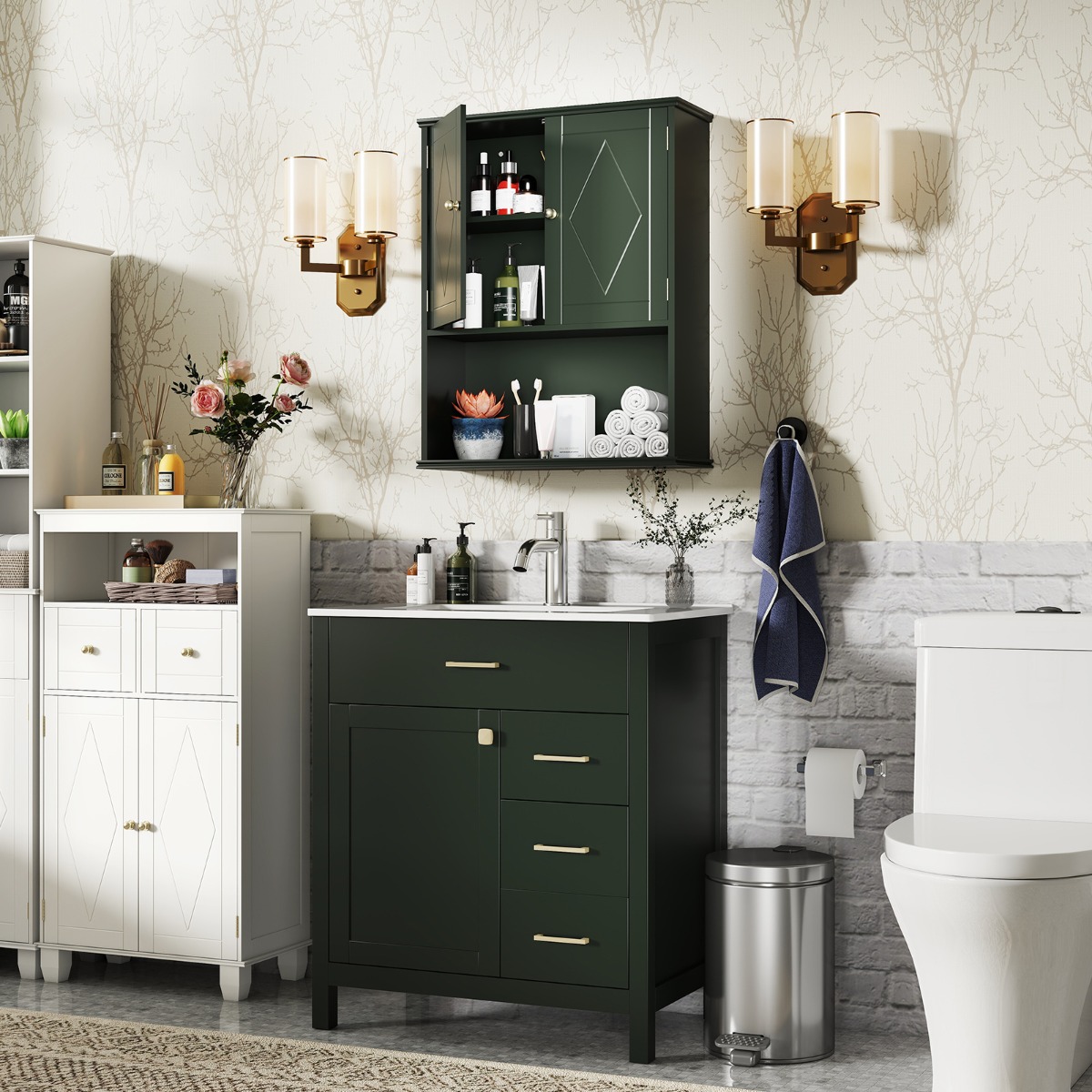 Bad Hängeschrank mit 2Türen & Offener Ablage & Verstellbarem Regal Badschrank Grün