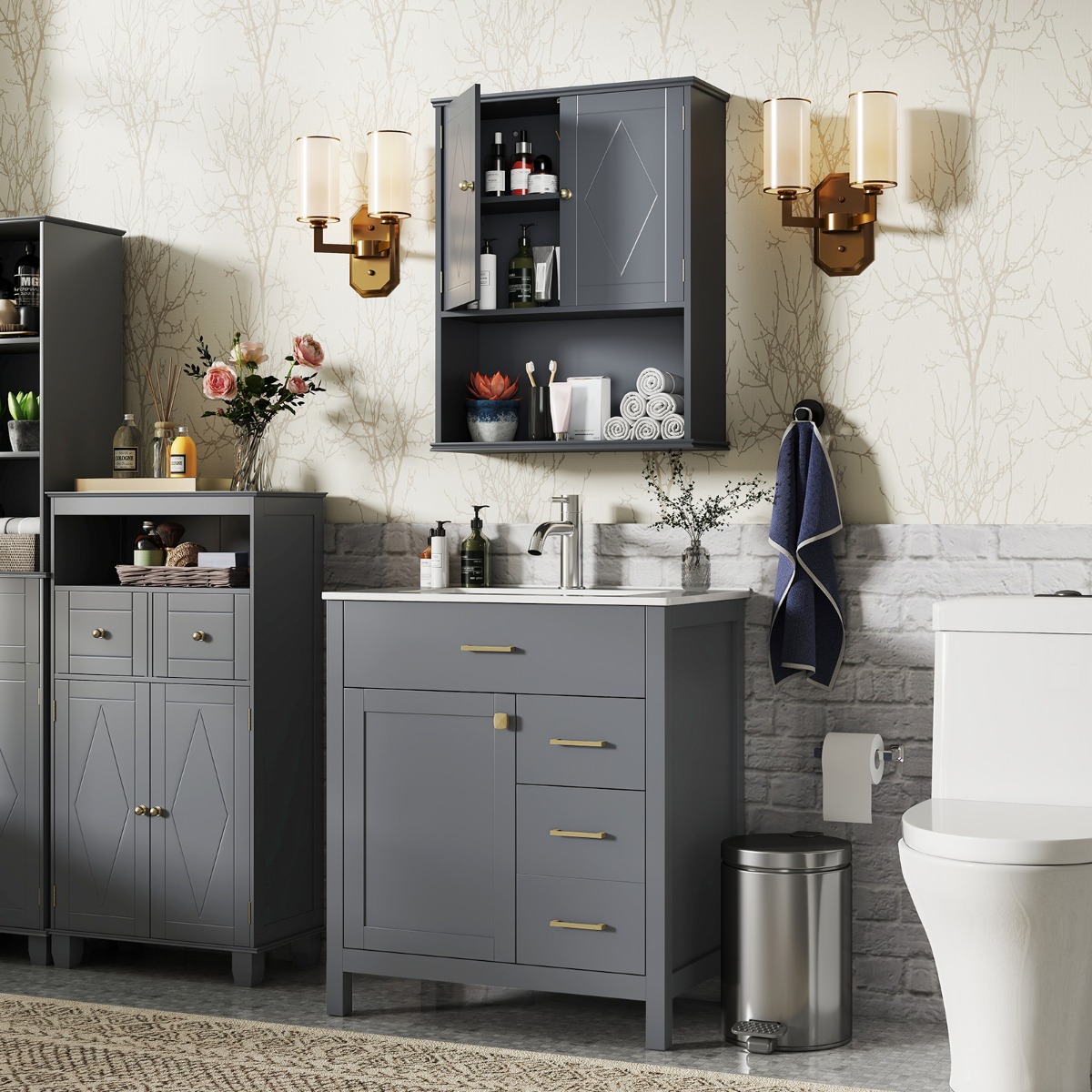 Bad Hängeschrank mit 2Türen & Offener Ablage & Verstellbarem Regal Badschrank Grau