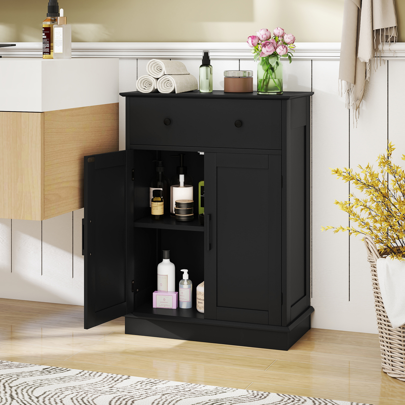 Badezimmerschrank Badschrank mit Schublade Türen & verstellbarem Regal Kommode Holz für Badezimmer 56 x 30 x 80cm Schwarz