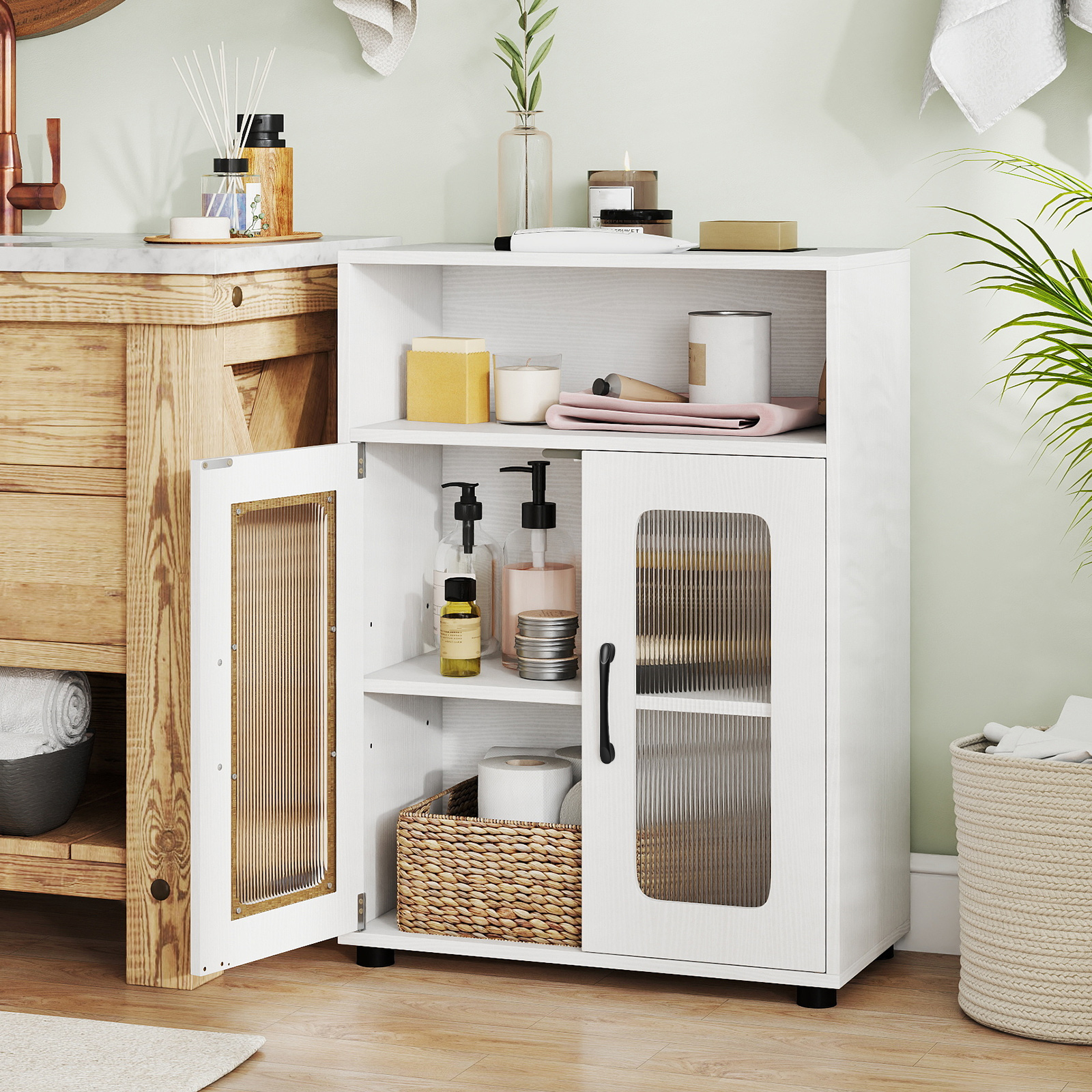 Badezimmerschrank freistehender Bodenschrank mit 2 Türen & 3-stufig verstellbarem Regal Weiß