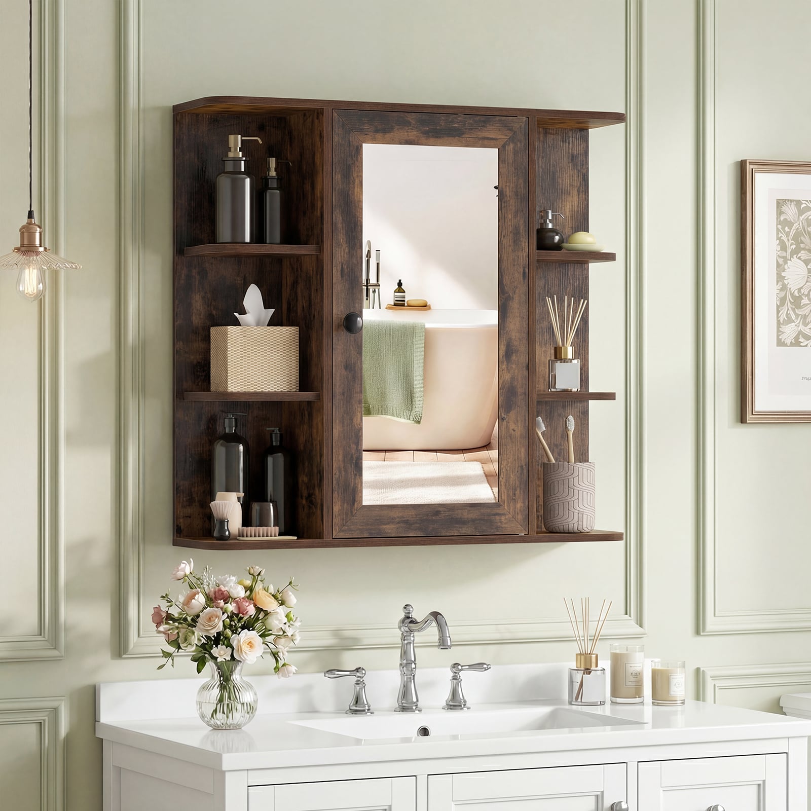 Bad Spiegelschrank mit 3 Innenablagen & 6 Offenen Fächern Badschrank mit Spiegel Rustikales Braun