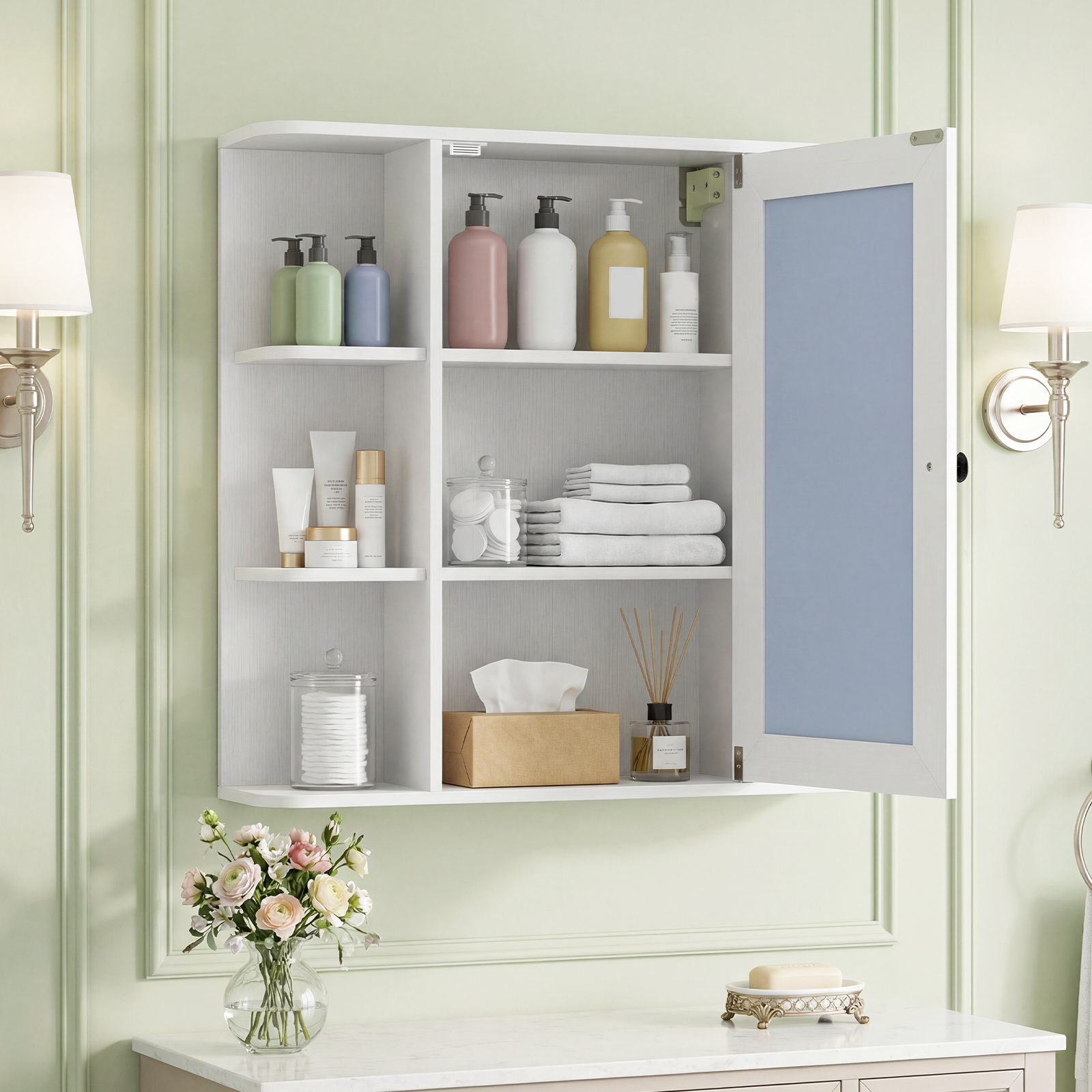Bad Spiegelschrank mit 3 Innenablagen & 6 Offenen Fächern Badschrank mit Spiegel Weiß